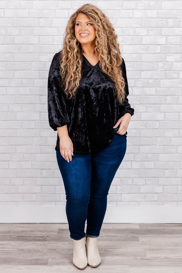 Chic Soul plus size clothing, Black velvet top with three-quarter length sleeves with cuff and v neck