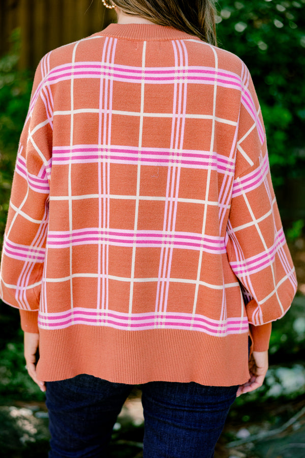 Chic Soul plus size clothing, orange long sleeve sweater with pink and white checkered print