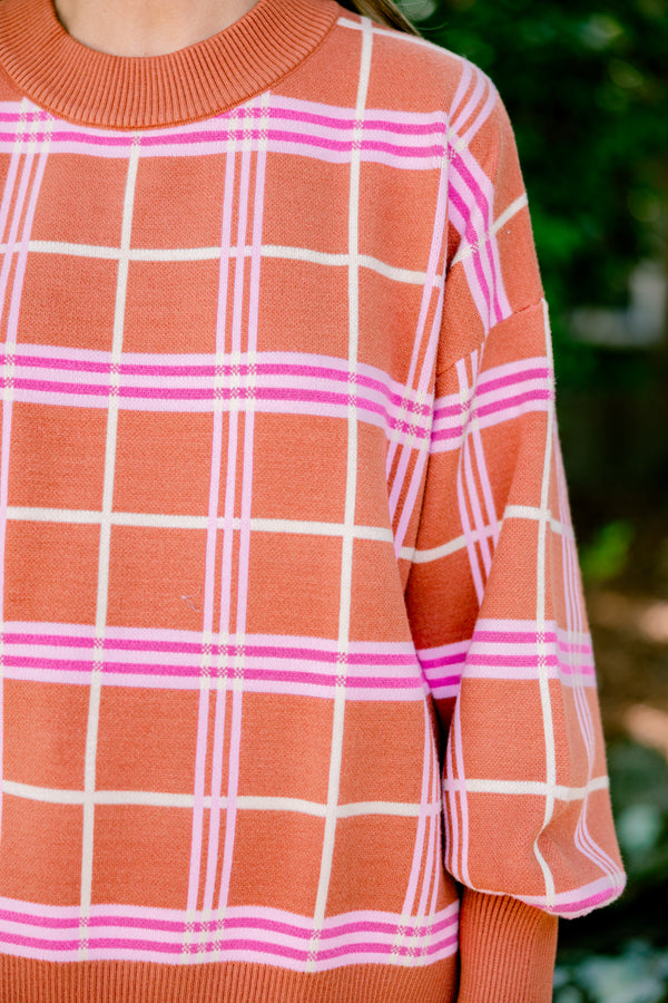 Chic Soul plus size clothing, orange long sleeve sweater with pink and white checkered print