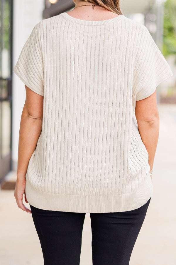 Chic Soul plus size clothing, short-sleeve oatmeal tan knit sweater with ribbed knit pattern 