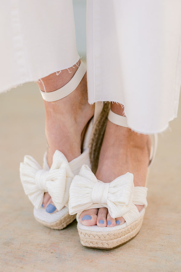 Chic Soul plus size clothing, ivory bow espadrille wedges with ivory ankle strap with bow detail strap on the front