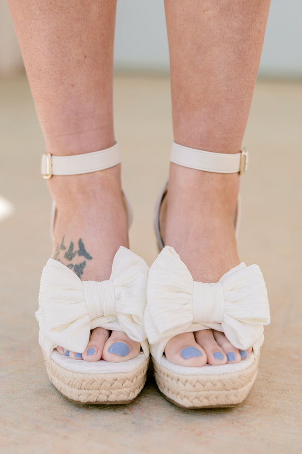 Chic Soul plus size clothing, ivory bow espadrille wedges with ivory ankle strap with bow detail strap on the front