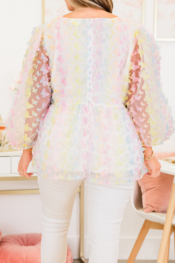 Chic Soul plus size clothing, bubble-tulle-quarter-sleeve white babydoll top with a lavender mix floral textured pattern