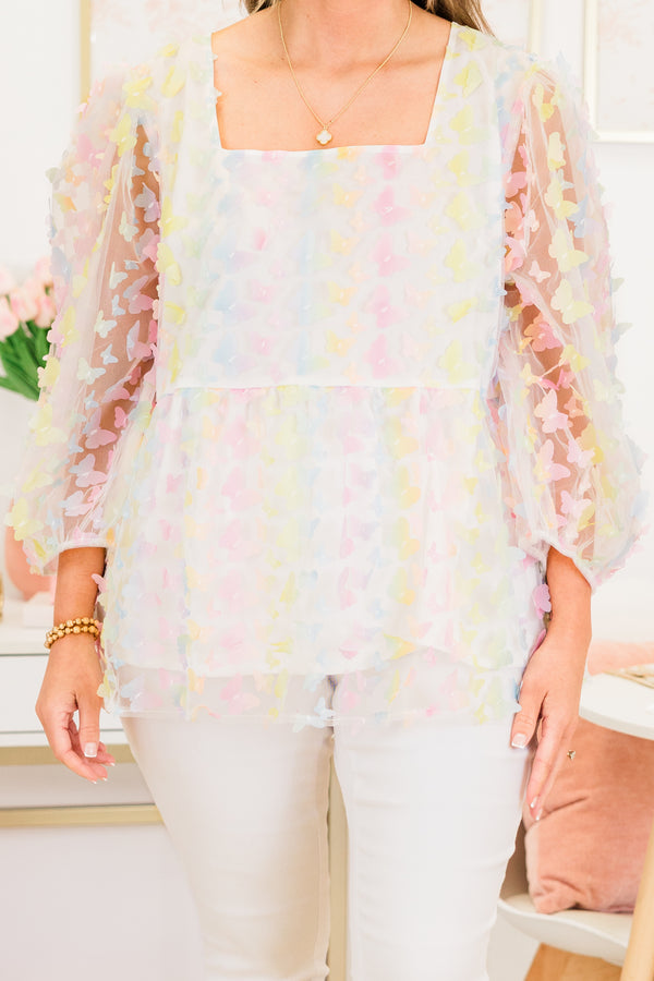 Chic Soul plus size clothing, bubble-tulle-quarter-sleeve white babydoll top with a lavender mix floral textured pattern