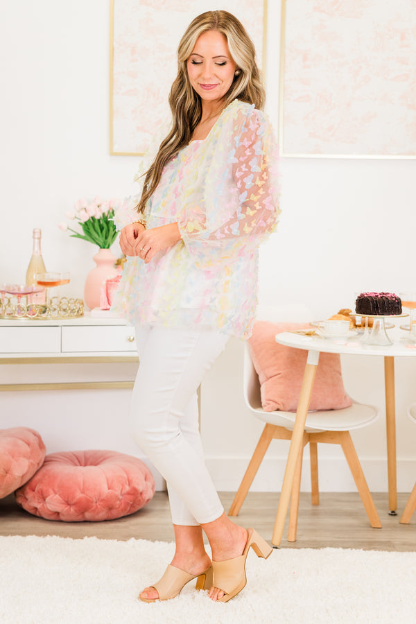 Chic Soul plus size clothing, bubble-tulle-quarter-sleeve white babydoll top with a lavender mix floral textured pattern