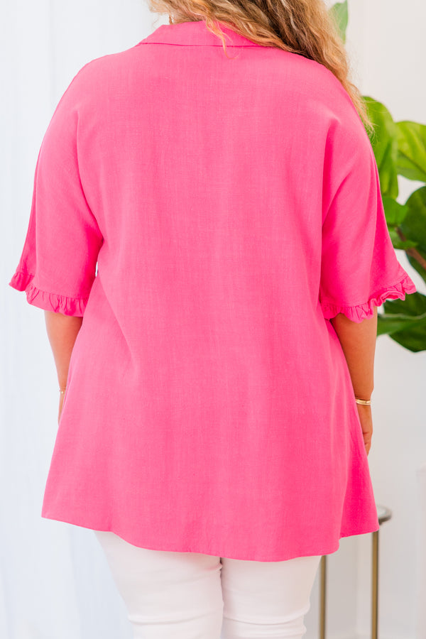 Chic Soul plus size clothing, short sleeve hot pink collared top with black button detailing and ruffled sleeves