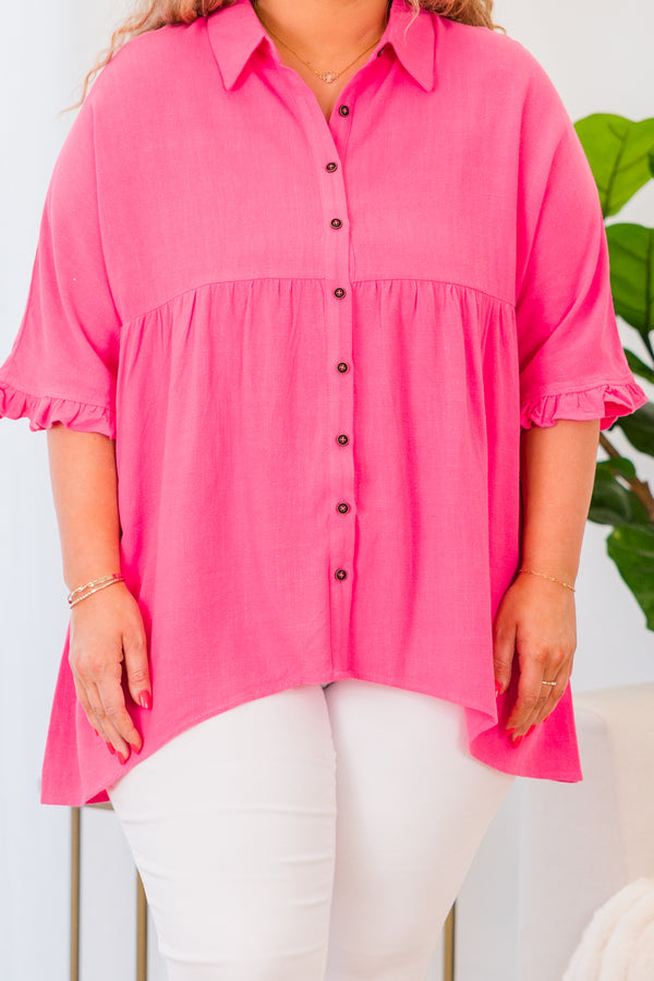 Chic Soul plus size clothing, short sleeve hot pink collared top with black button detailing and ruffled sleeves