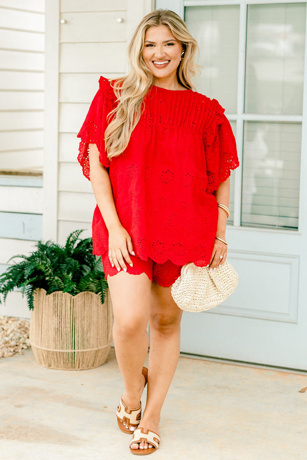 Chic Soul plus size clothing, bright red embroidered eyelet shorts with scalloped edges