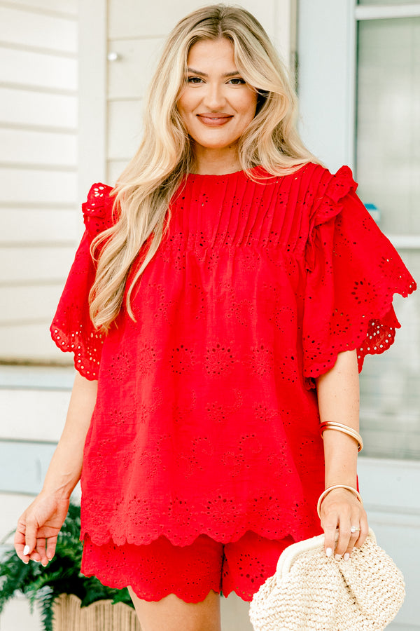 Chic Soul plus size clothing, bright red embroidered eyelet shorts with scalloped edges