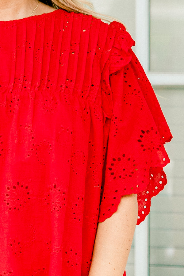 Chic Soul plus size clothing, bright red flutter sleeve  pleated neckline blouse with embroidered eyelet pattern and scalloped edges