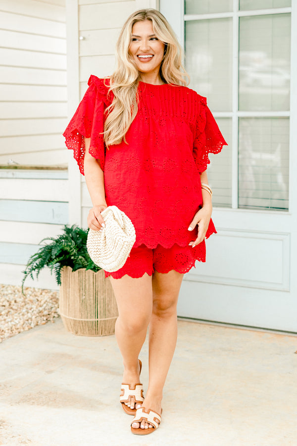 Chic Soul plus size clothing, bright red flutter sleeve  pleated neckline blouse with embroidered eyelet pattern and scalloped edges
