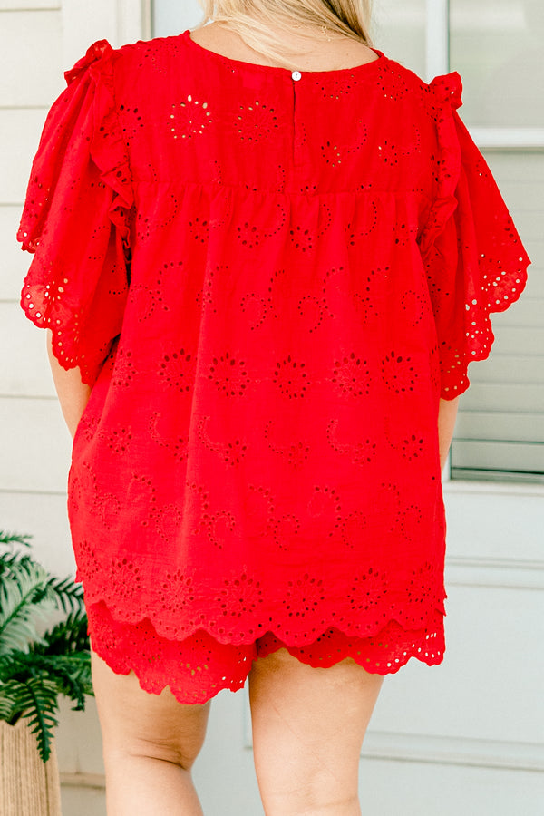 Chic Soul plus size clothing, bright red flutter sleeve  pleated neckline blouse with embroidered eyelet pattern and scalloped edges