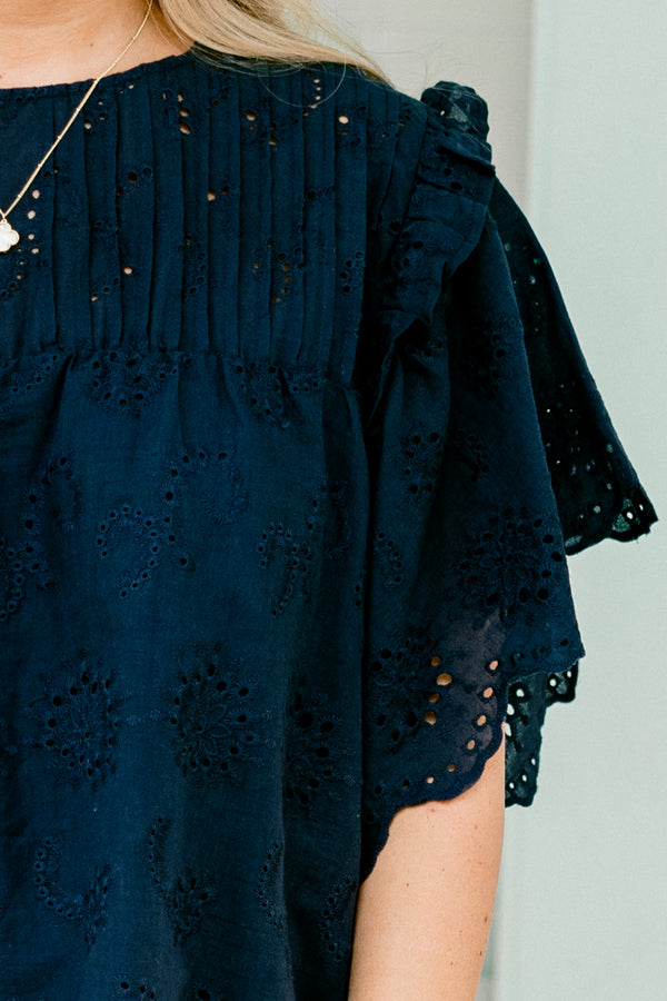Chic Soul plus size clothing, navy blue lacey top with ruffle details on the top of the the shoulders 