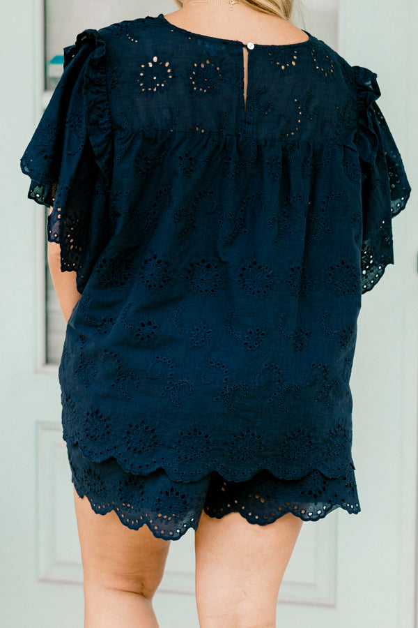 Chic Soul plus size clothing, navy blue lacey top with ruffle details on the top of the the shoulders 