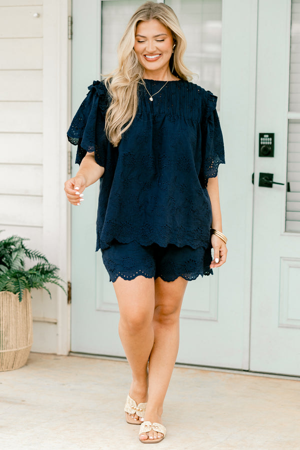 Chic Soul plus size clothing, navy blue lacey top with ruffle details on the top of the the shoulders 