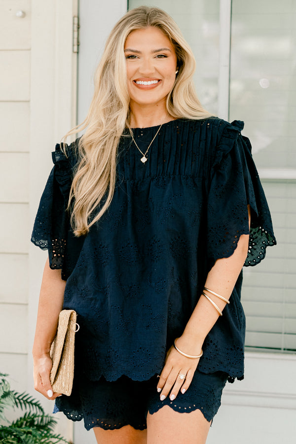Chic Soul plus size clothing, navy blue lacey top with ruffle details on the top of the the shoulders 