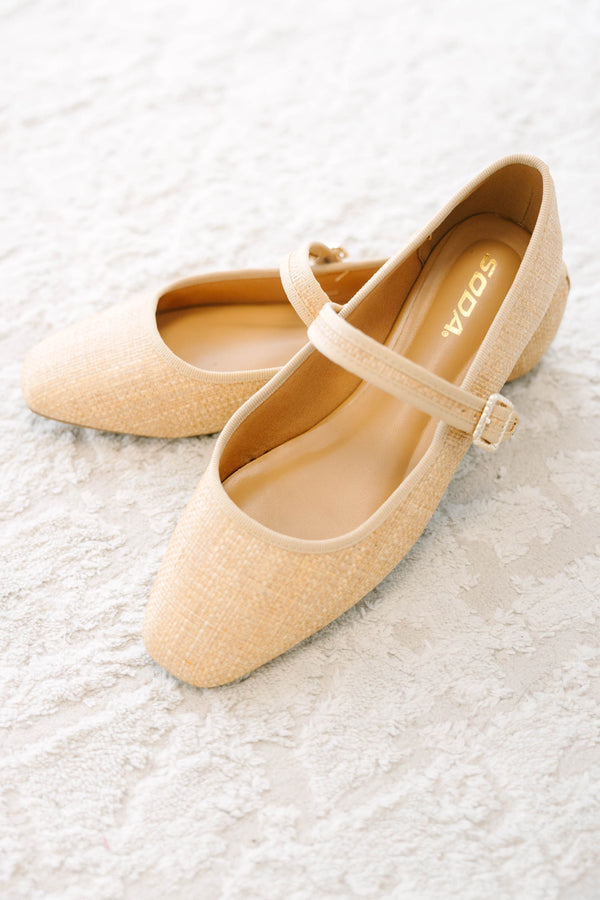 Plus Size natural woven Mary Jane flats with an adjustable buckle strap and square toe.