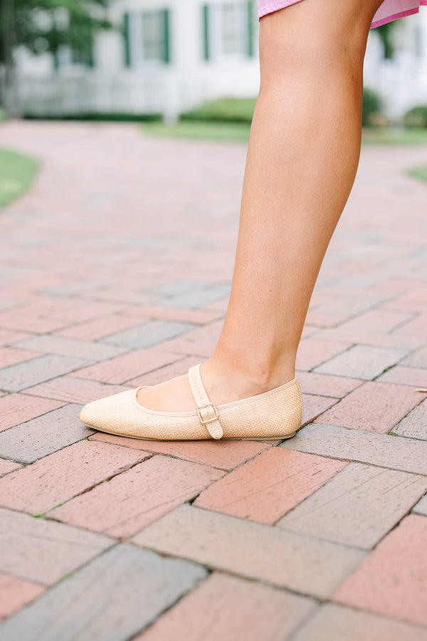 Plus Size natural woven Mary Jane flats with an adjustable buckle strap and square toe.