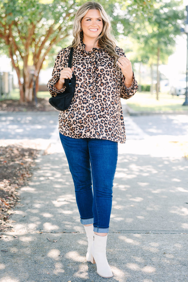 Plus Size leopard print button-down top with ruffle collar, long sleeves, and elastic cuffs.