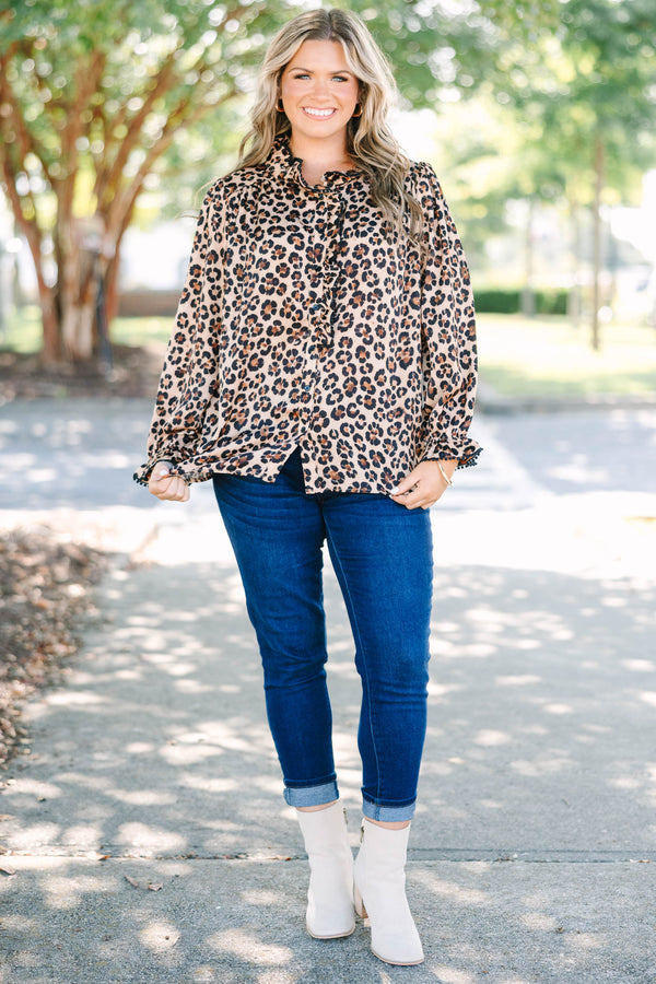 Plus Size leopard print button-down top with ruffle collar, long sleeves, and elastic cuffs.