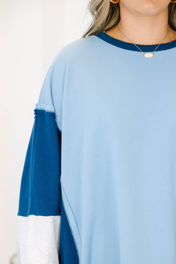 Plus size clothing, blue color block oversized pullover