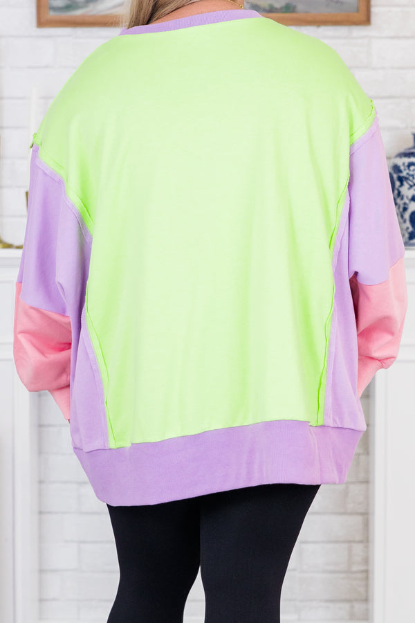 Chic Soul plus size clothing, long-sleeve neon green pullover crewneck sweatshirt with a purple and pink color block pattern