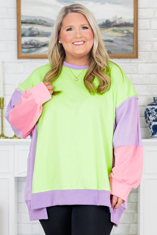 Chic Soul plus size clothing, long-sleeve neon green pullover crewneck sweatshirt with a purple and pink color block pattern
