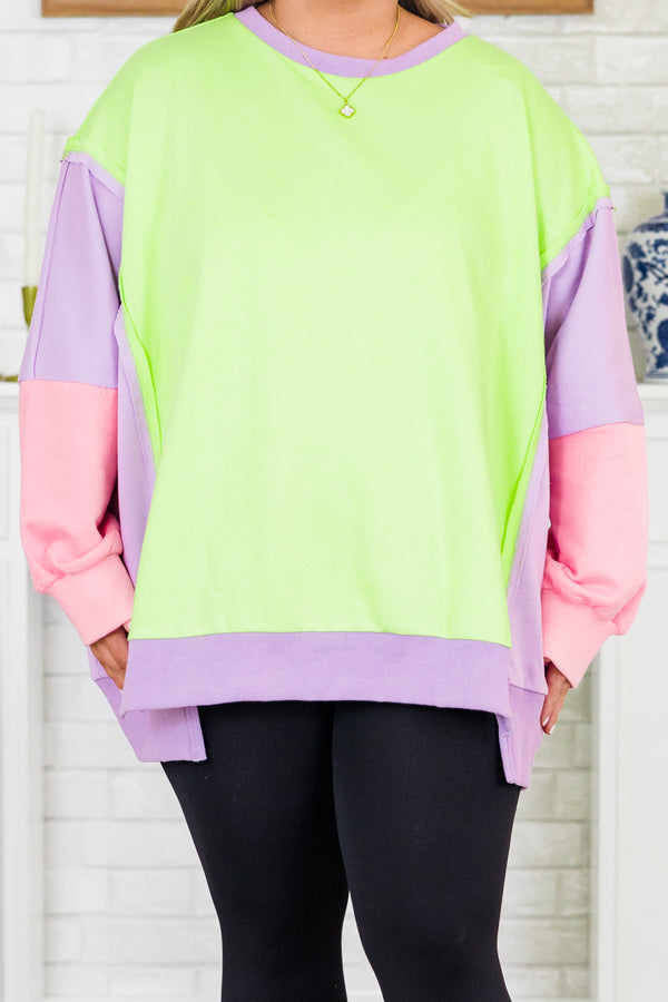Chic Soul plus size clothing, long-sleeve neon green pullover crewneck sweatshirt with a purple and pink color block pattern