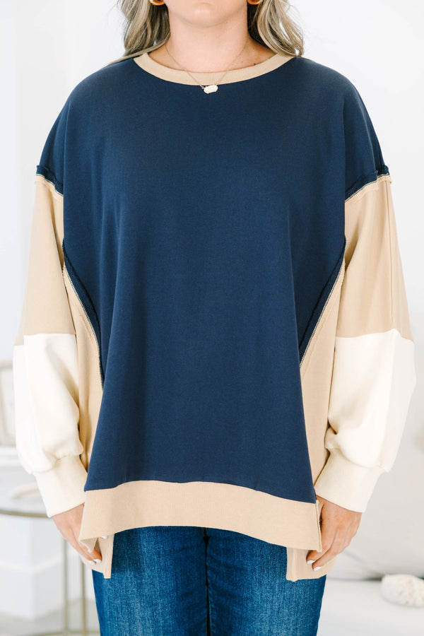 Plus size navy colorblock pullover with tan and cream accents, featuring a relaxed, flowy cotton fit