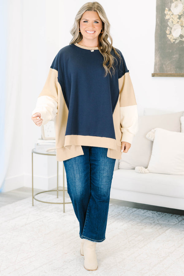 Plus size navy colorblock pullover with tan and cream accents, featuring a relaxed, flowy cotton fit