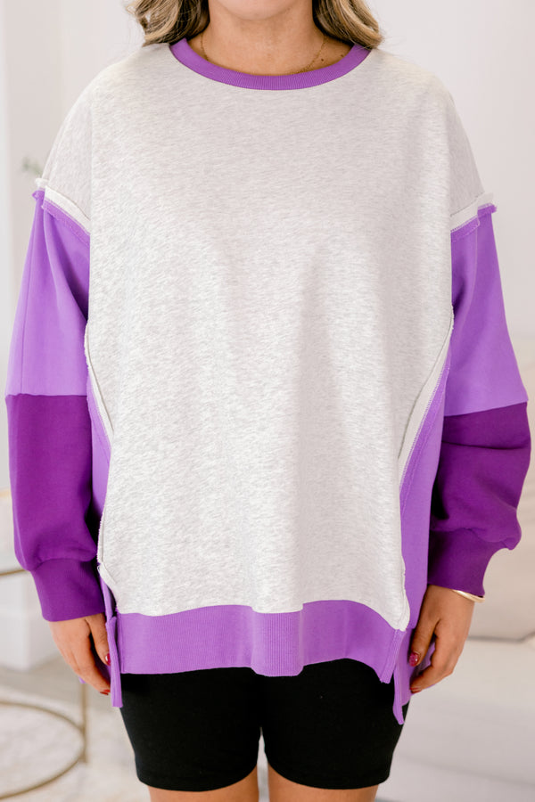 Chic Soul plus size clothing, heather grey crewneck pullover with different shades of purple color blocked sleeves