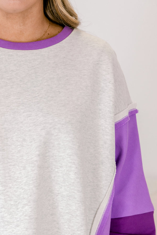 Chic Soul plus size clothing, heather grey crewneck pullover with different shades of purple color blocked sleeves