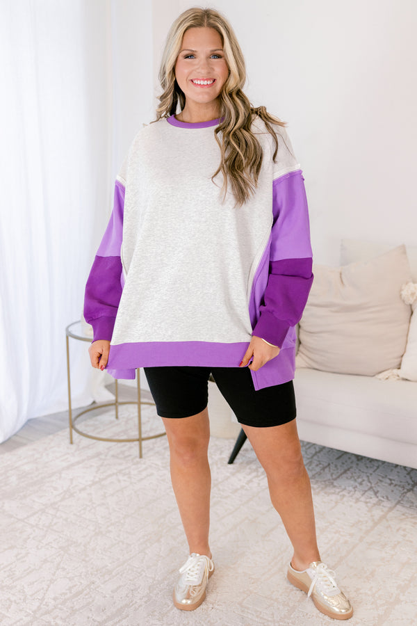 Chic Soul plus size clothing, heather grey crewneck pullover with different shades of purple color blocked sleeves