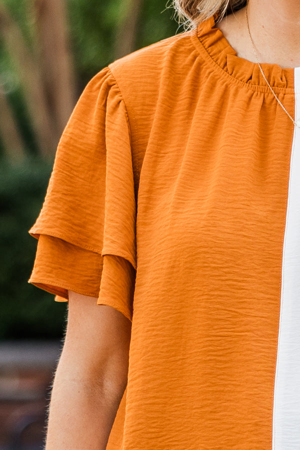 Chic Soul plus size clothing, orange white split color sides short sleeve top with round neckline and tiered ruffle sleeve detail