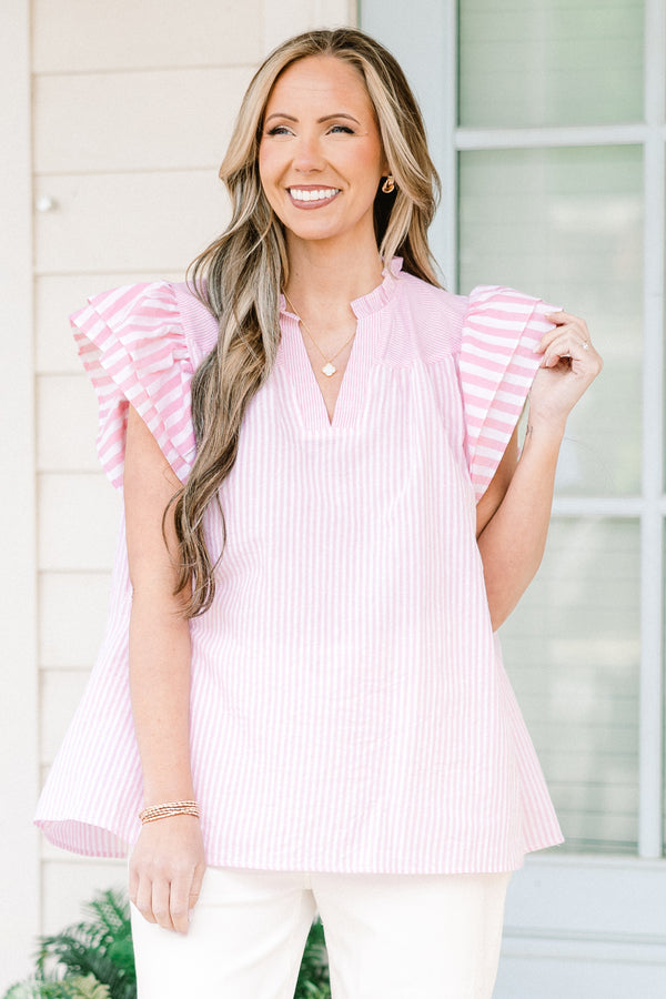 Chic Soul plus size clothing, short-flutter-sleeve pink and white striped top with a split-v-neckline