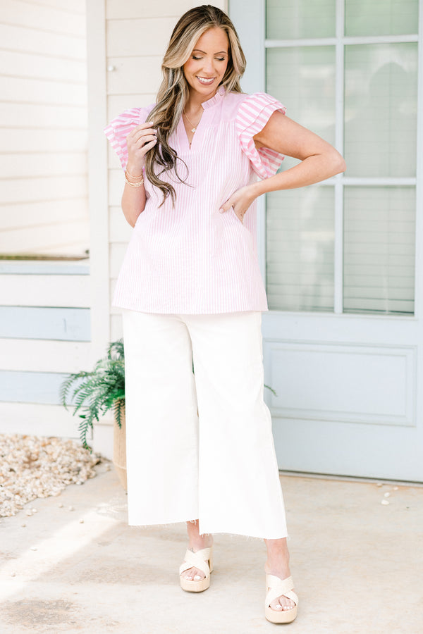 Chic Soul plus size clothing, short-flutter-sleeve pink and white striped top with a split-v-neckline
