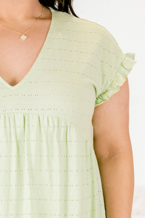 Chic Soul plus size clothing, pale moss green babydoll dress with flutter sleeves and perforated fabric creating horizontal lines
