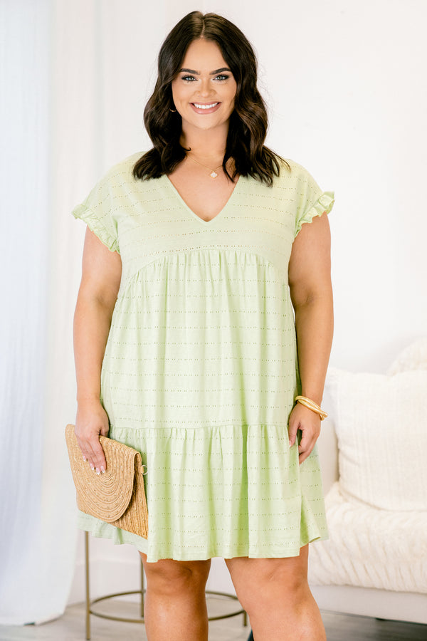 Chic Soul plus size clothing, pale moss green babydoll dress with flutter sleeves and perforated fabric creating horizontal lines
