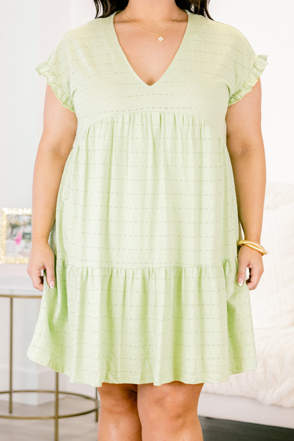 Chic Soul plus size clothing, pale moss green babydoll dress with flutter sleeves and perforated fabric creating horizontal lines