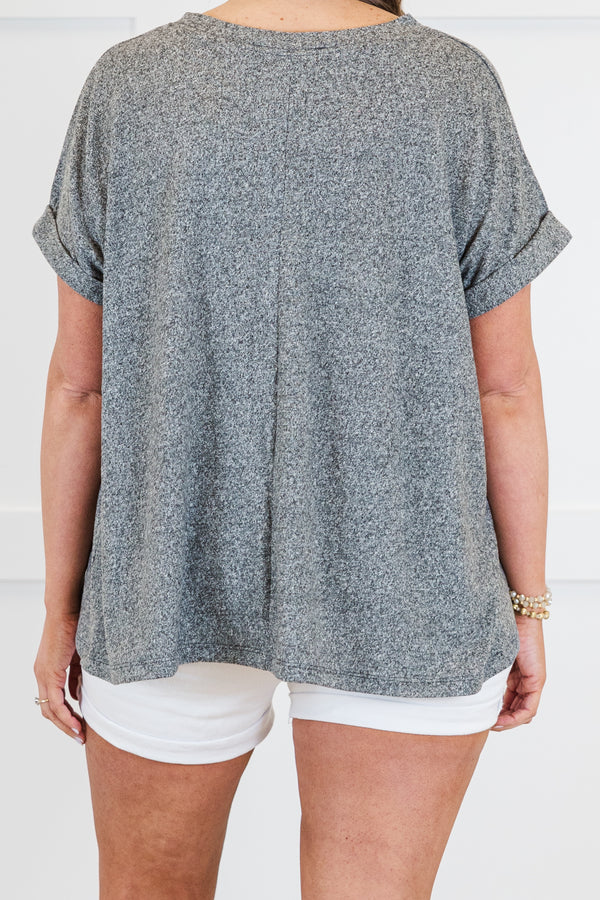 Plus Size black mélange hacci tee with short cuffed sleeves and a round neckline.