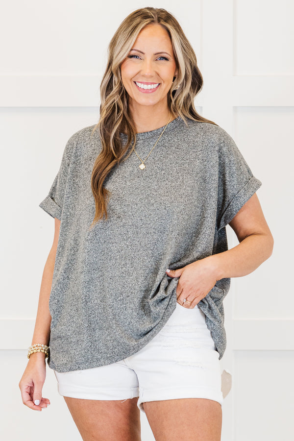 Plus Size black mélange hacci tee with short cuffed sleeves and a round neckline.