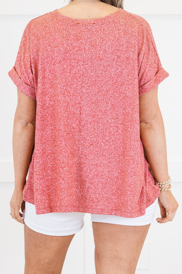 Plus Size dark red mélange hacci tee with short cuffed sleeves and a relaxed fit.