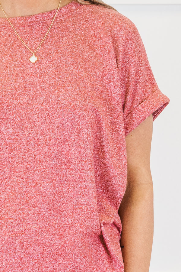 Plus Size dark red mélange hacci tee with short cuffed sleeves and a relaxed fit.