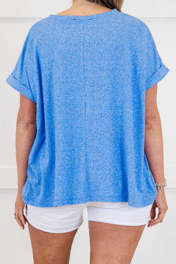 Plus Size ocean blue mélange hacci tee with short cuffed sleeves and a relaxed fit.