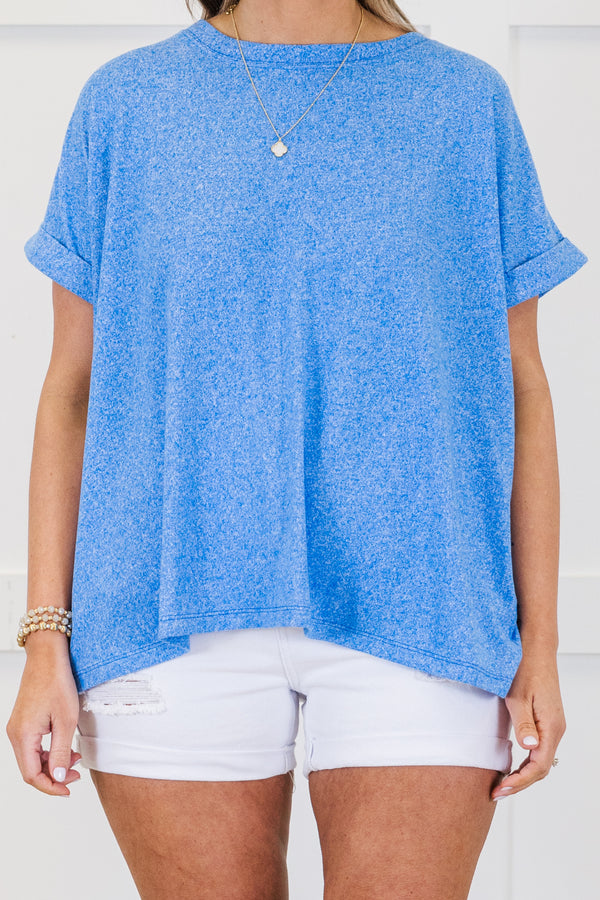 Plus Size ocean blue mélange hacci tee with short cuffed sleeves and a relaxed fit.