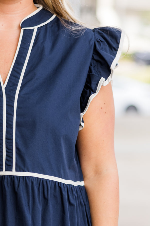 Chic Soul plus size clothing, flutter short-sleeve navy ruffled baby doll dress with white lined pattern and v-neckline