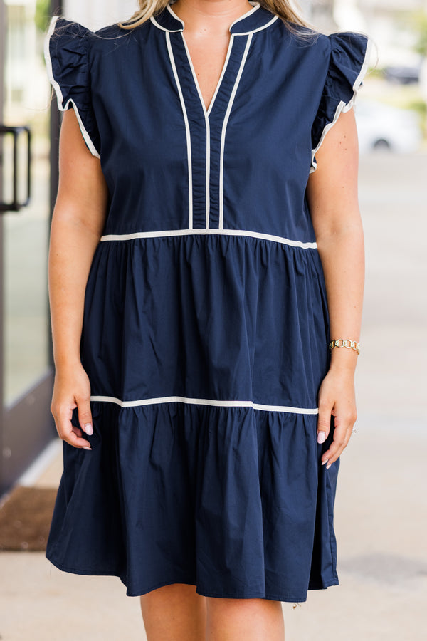 Chic Soul plus size clothing, flutter short-sleeve navy ruffled baby doll dress with white lined pattern and v-neckline