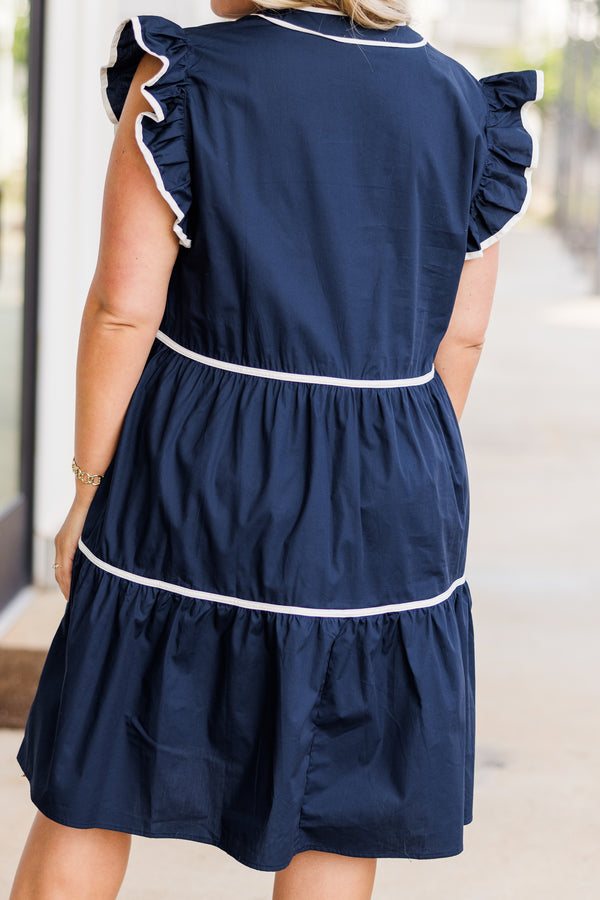 Chic Soul plus size clothing, flutter short-sleeve navy ruffled baby doll dress with white lined pattern and v-neckline