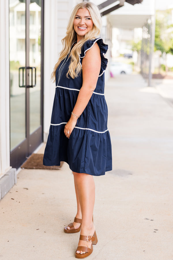 Chic Soul plus size clothing, flutter short-sleeve navy ruffled baby doll dress with white lined pattern and v-neckline
