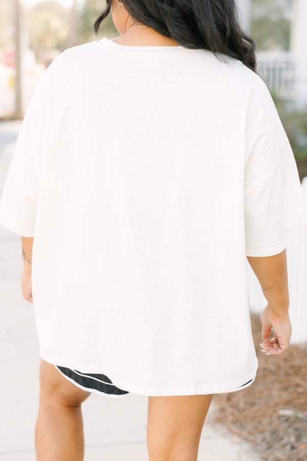 Chic Soul plus size clothing, white oversized boyfriend tee with free spirit world tour tiger graphic
